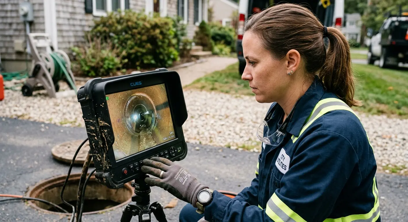 Technician reviewing sewer camera inspection footage in North Las Vegas