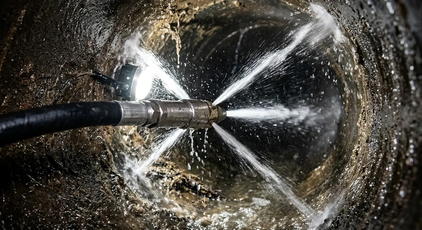 High-pressure hydro jetting nozzle cleaning sewer pipe for Emergency Drain Service in North Las Vegas
