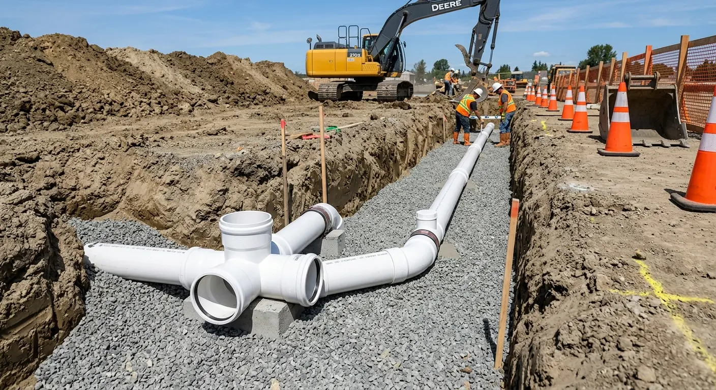 New PVC sewer pipe installation in open trench for Sewer Backup in North Las Vegas