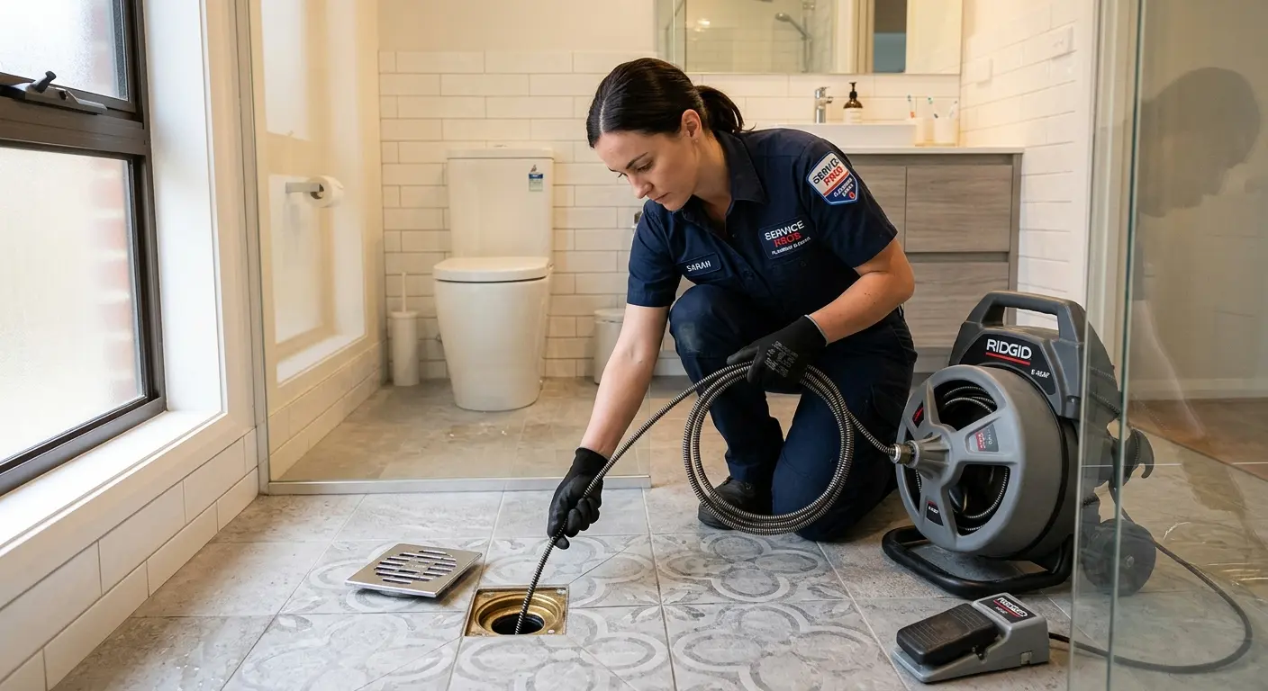 Technician clearing a bathroom floor drain for Hydro Jetting in North Las Vegas
